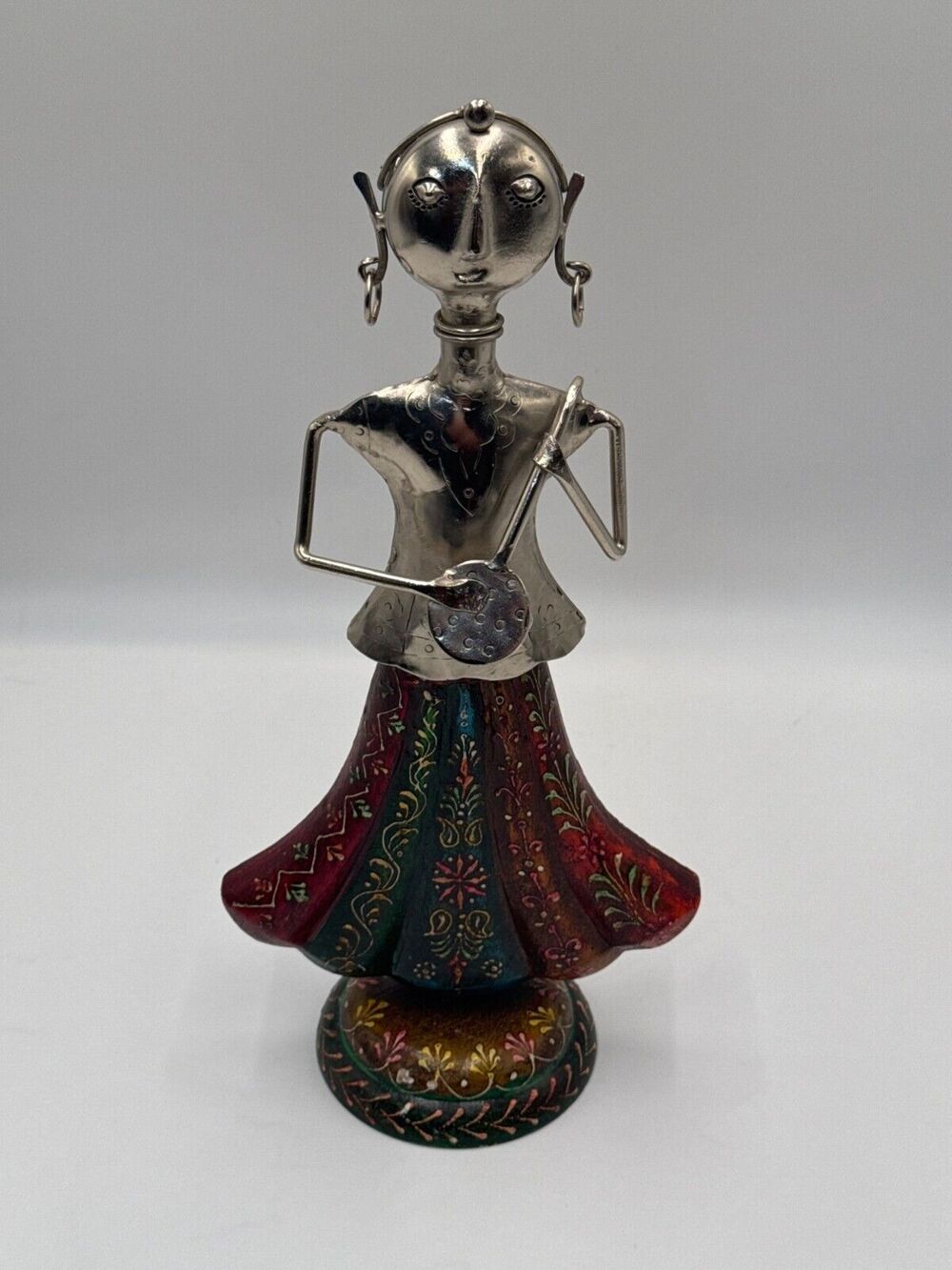 Musician Folk Art Metal & Wood Female Doll Figurine · Floral Painted Dress · 14"